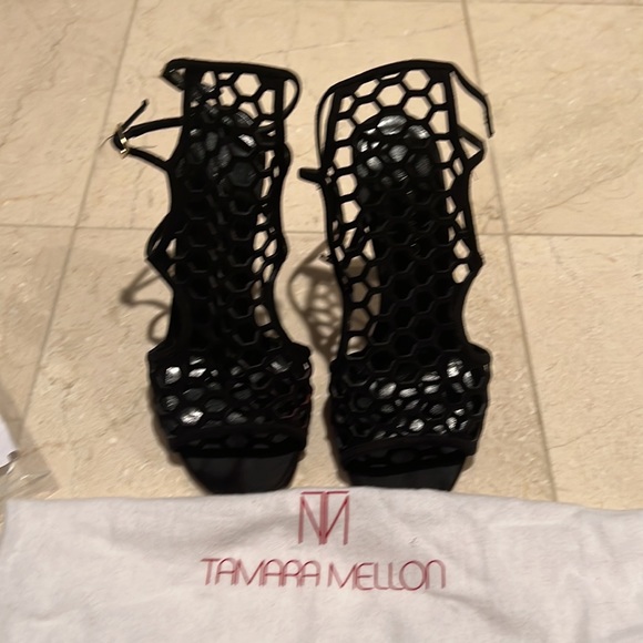Tamara Mellon black suede laser cut mesh heeled sandals size 38 - Picture 5 of 11